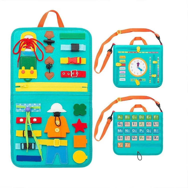 Educational toddler busy bag with practical life skill tools to improve fine motor skills and independence.